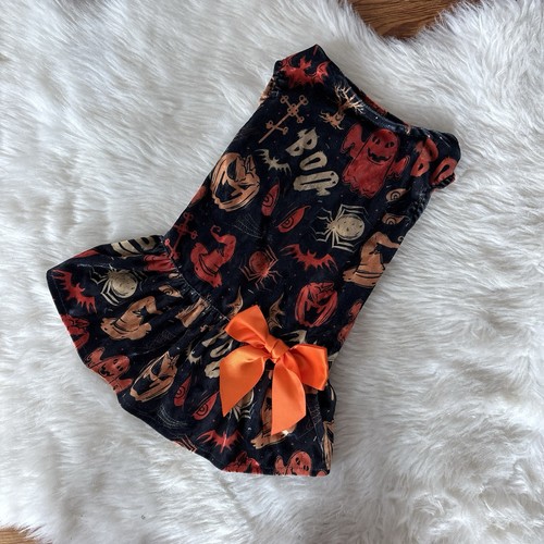 Fit Warm Black & Orange Velvet Spooky Halloween Dog Dress Size M