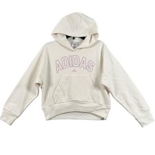 NWT Adidas Kids S 7/8 Hoodie Cream White Embroidered Logo Fleece Pullover Sporty