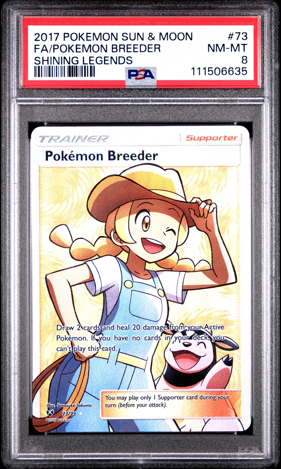 2017 POKEMON SUN & MOON SHINING LEGENDS #73 FULL ART/POKEMON BREEDER PSA 8
