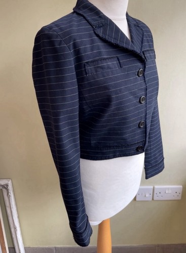 Marc Jacobs Navy Blue Striped Wool Blend Blazer Size 8 Cropped Button Up - Picture 4 of 13