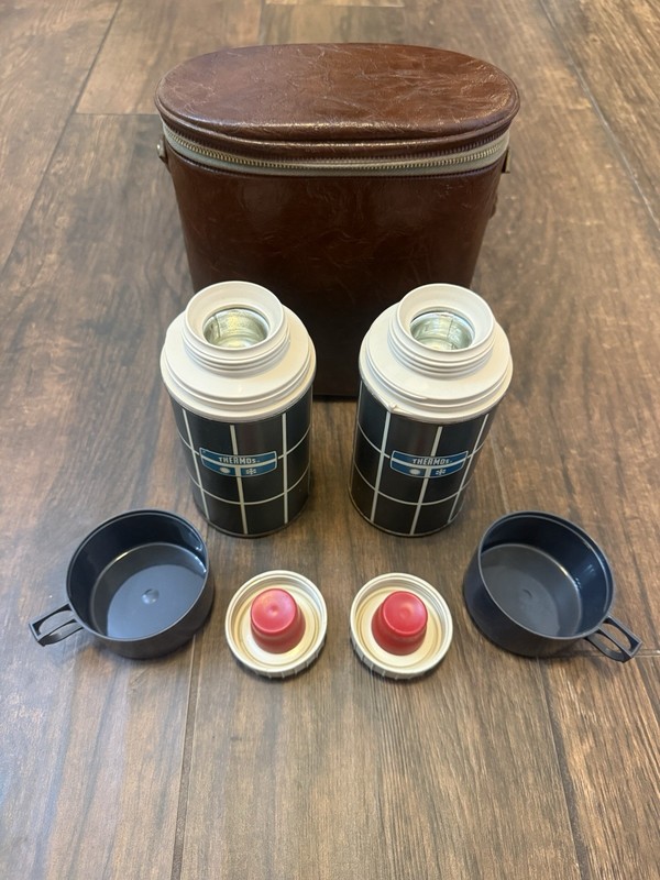 Vintage Thermos Vacuum Bottle Pair Carry Case Brown Faux Leather USA Made