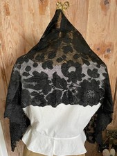 Pretty Antique French Black Lace Shawl Wrap Mantle Catholic Mantilla c1930s