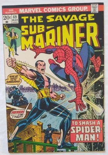 Sub-Mariner #69 1974 Vintage Marvel Comic  Spider-Man 7.0 Brother Voodoo Stamp