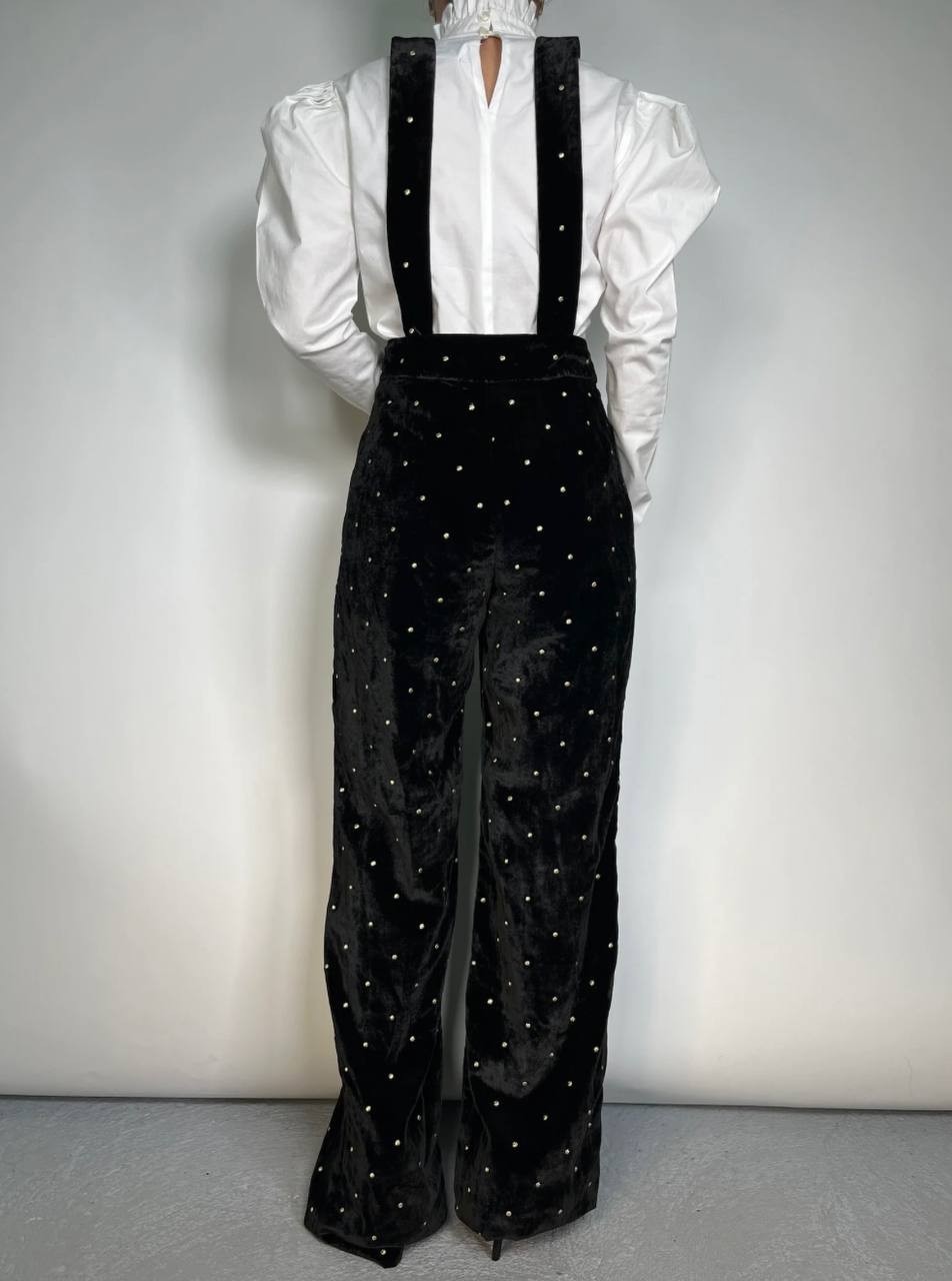 Sézane Black Velvet Gold Polka Dot Suspender Trousers High Waist Size 36 EU image 8