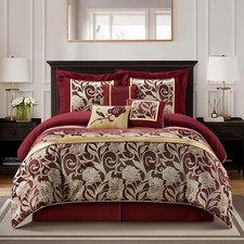 Jacquard 7-Piece Comforter Bedding Set, Red, Queen Size, Floral Bedding Set, Mat