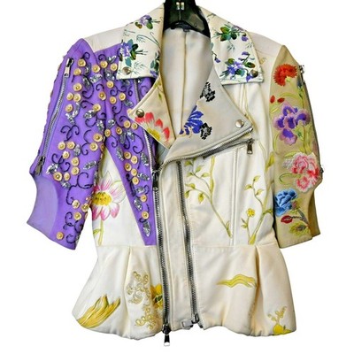 Alexander McQueen Ivory Leather Floral Embroidered Moto Jacket Size 42 Approx 6