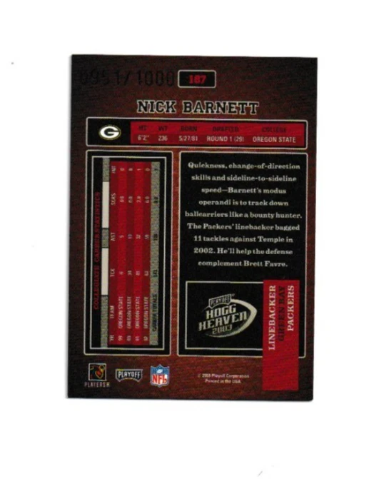 2003 Playoff Hogg Heaven - Rookie Nick Barnett #187 0951/1000 (RC) Packers - Image 2 of 3