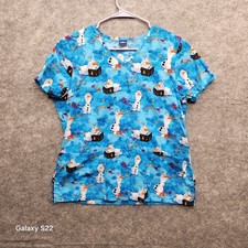 Disney Frozen II Olaf Medical Scrub Top V-Neck Size Medium Blue White Workwear