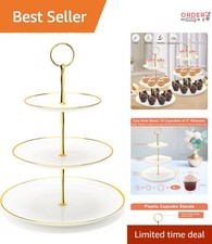 3 Tier Cupcake Stand Plastic Food Grade Round-Gold Edge Dessert Tower for Par...