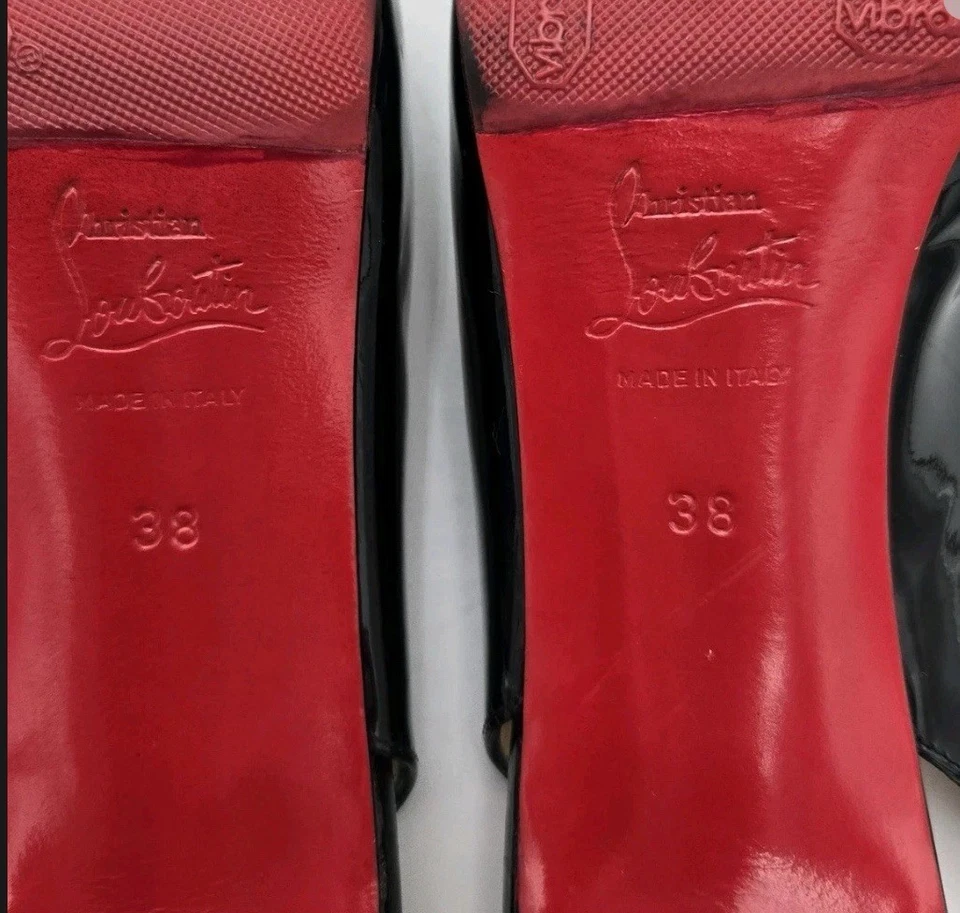 CHRISTIAN LOUBOUTIN Puntera Abierta Negro Charol Talla 38 Cordones Parte Inferior Roja Foto 3 de 4