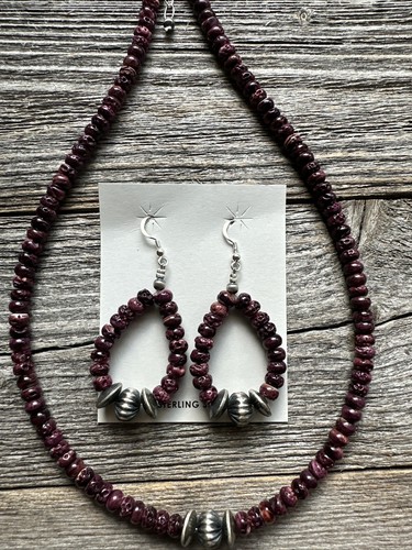 Sterling Silver Purple Spiny Oyster Bead Necklace W Earrings Set Gift 18 Inch - Picture 9 of 12