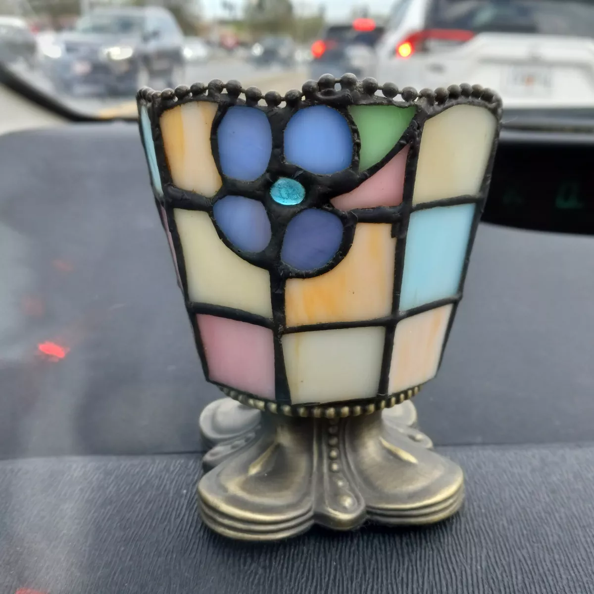 Partylite stained glass candle holder on metal base floral 3.75