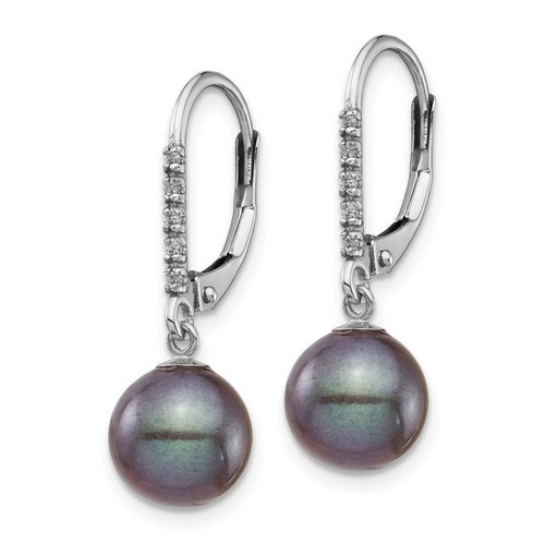14K Solid White Gold 8mm Black Round Freshwater Cultured Pearl Diamond Dangle... - Picture 3 of 4