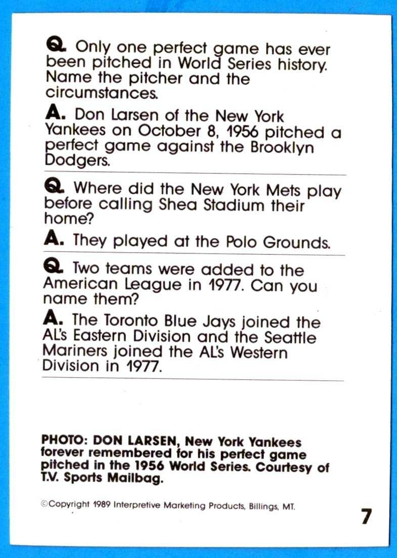 1989 Baseball Wit DON LARSEN (ex-mt) New York Yankees