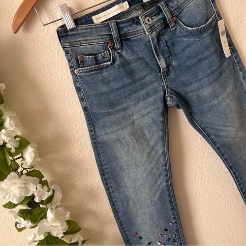 NWT $158 24P Anthropologie Petite Mid Rise Crop Slim Straight Beaded Crop Jeans - Picture 6 of 11