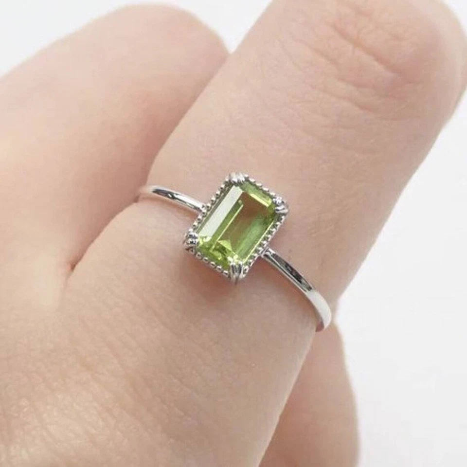 Natürlicher Smaragd Schliff Peridot Edelstein Solitär Ring IN 925 Silber v985 - Bild 2 von 4