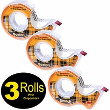 Scotch 3136 Permanent Double Sided Tape With Dispenser, Pack of 3 Rolls 1/2x250"