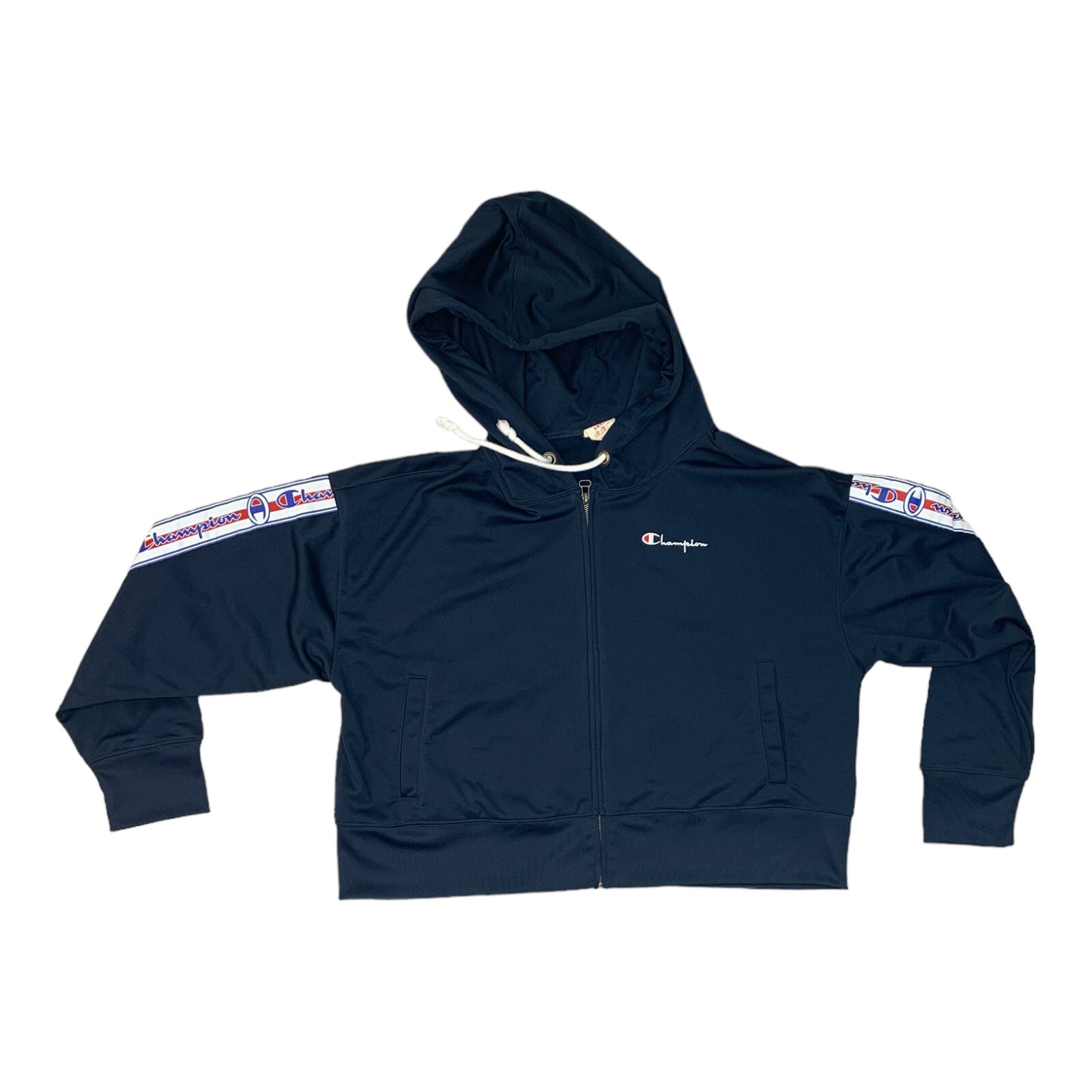 Vintage Champion Cropped Zip Up Hoodie Women's Size Small Navy Blue Logo Stitch