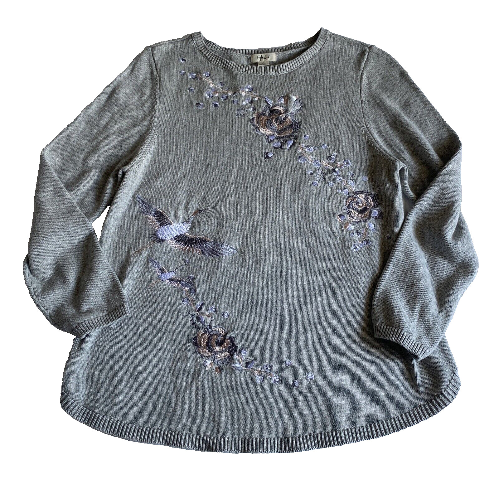 Style Co Sweater Women XL Grey Longline Bird Embroidery Fairy