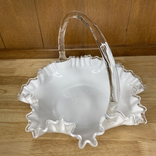 Vintage Fenton 8" Milk Glass Cased Art Glass Basket White Clear Decor Made USA