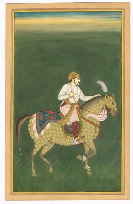 Indian Miniature Painting Of Mughal Emperor Jahangir On Horse 8x12