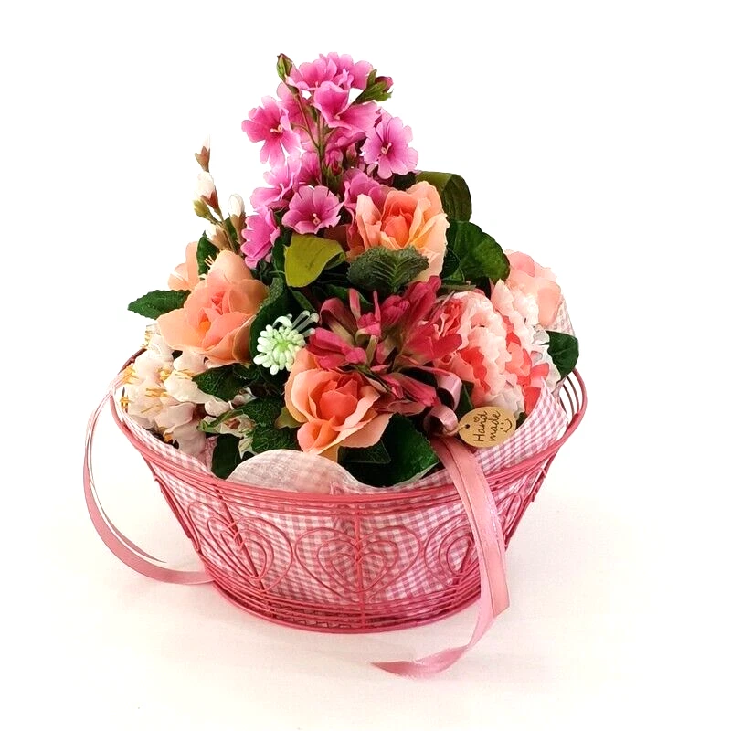 Gesteck im Metallkorb Primel Rosen Gerbera Rosa Kunstblumen Frühling - Bild 2 von 4