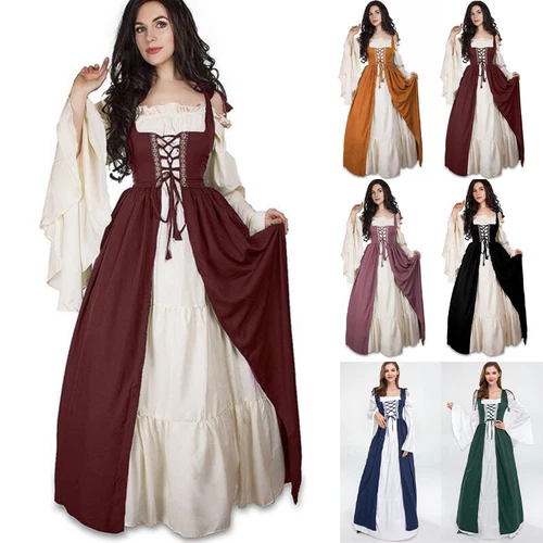Women Medieval Gothic Maxi Dress 2 Piece Fancy Cosplay Costume Dresses Gown *- - Picture 1 of 26
