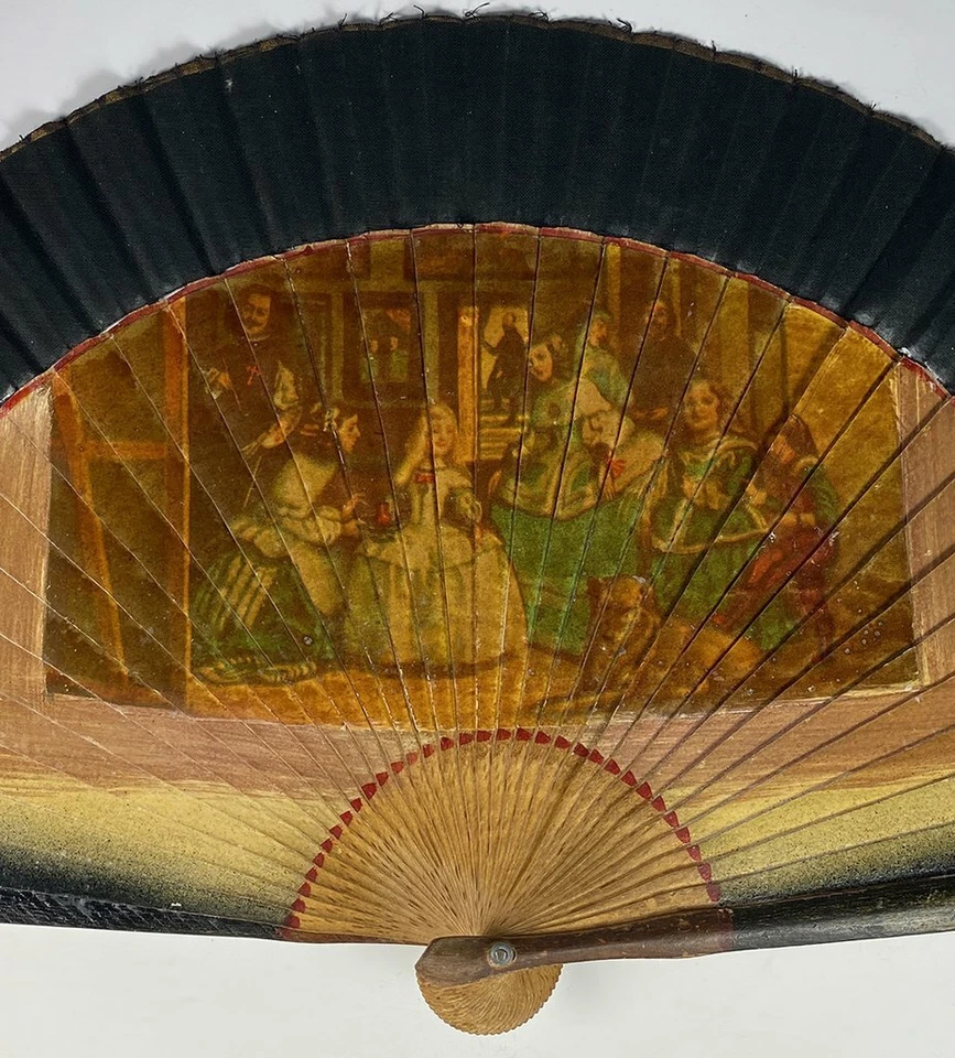 Antique Spanish Hand Fan, Excellent Condition Wood, Linen, Transfer of Valasquez - Image 2 of 4