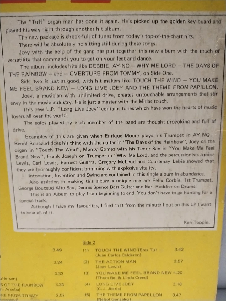 JOEY LEWIS Long Live Joey SCARCE 1974 DG JOEVAN/CHARLIE'S LP Soca-Calypso-Soul - Image 4 of 4