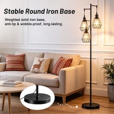 3-Light Industrial Tree Floor Lamp Dimmable Black Wire Cage 70in Standing Light