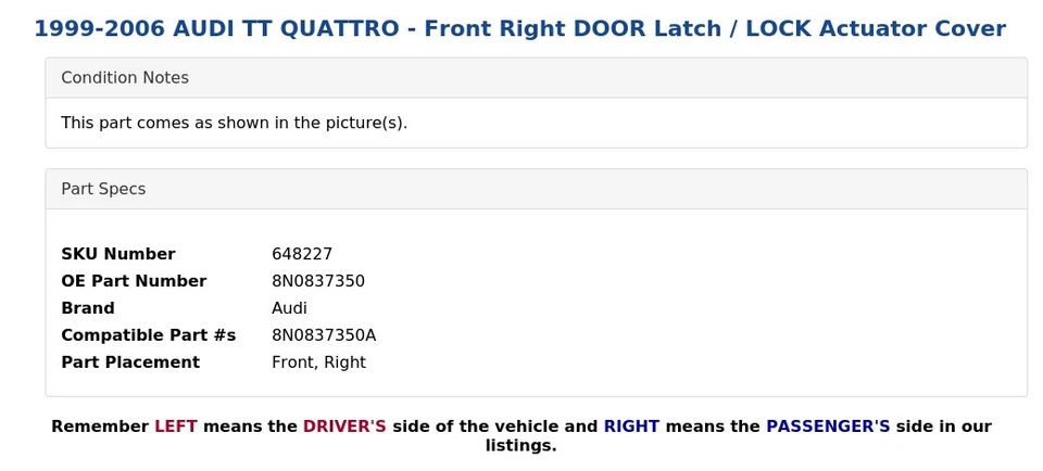 1999-2006 AUDI TT QUATTRO - Front Right DOOR Latch / LOCK Actuator Cover - Image 4 of 4