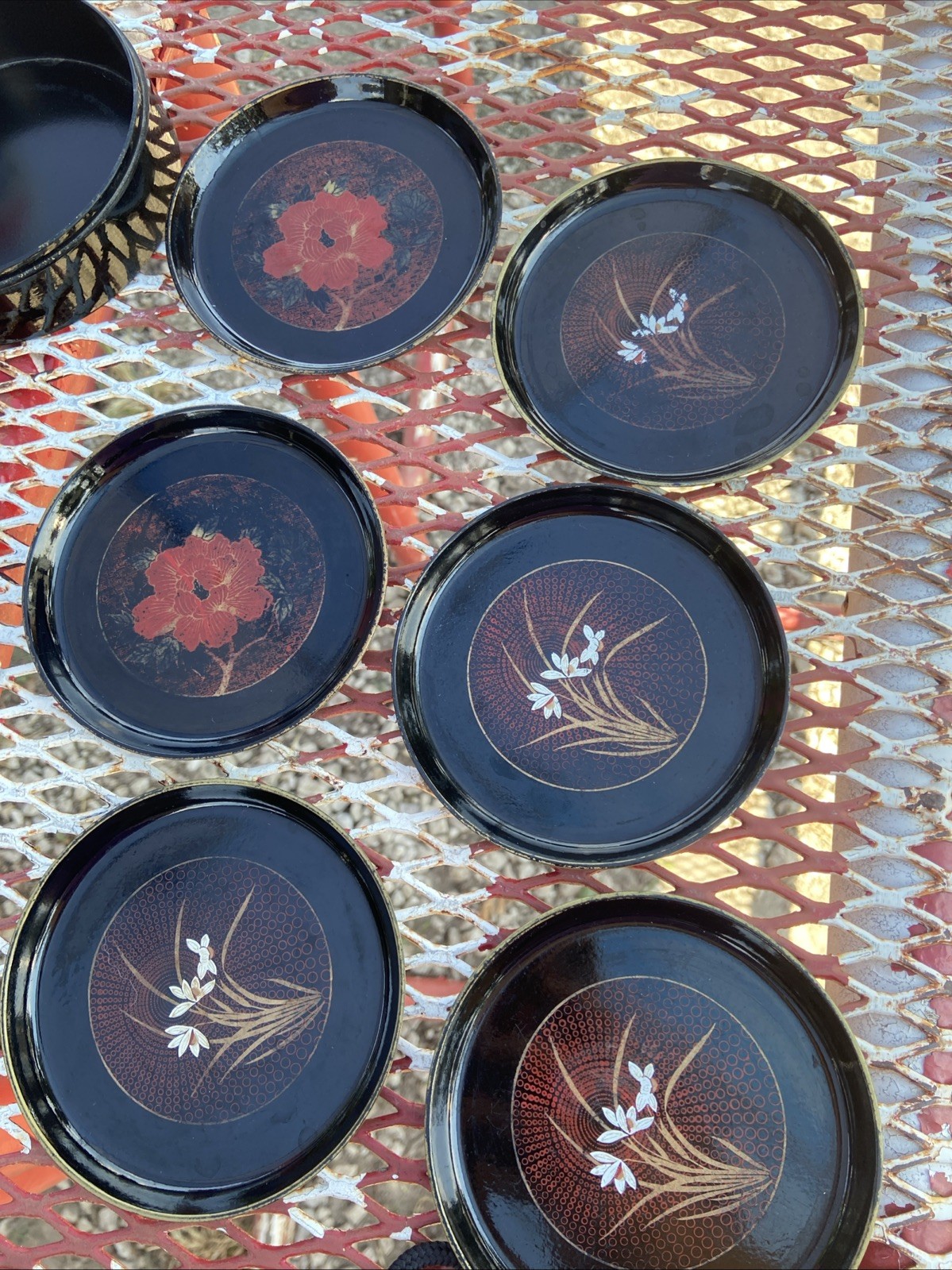 Vintage Asahi Japan Floral Coaster Set, Black Lacquer, Set Of 6