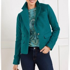 Talbots Womens Teal Herringbone Single Button Blazer Jacket Size 10 Crest Button
