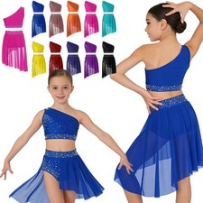 Girls Kids Sequin Dance Costume Sleeveless Crop Top with Skirt Ballet Dancewear