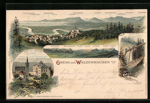 Lithographie Walzenhausen, Ortsansicht, Kirche und Hotel Rheinburg 1899