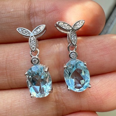 925 Sterling Silver Ring 8x6mm Natural Blue Topaz Gemstone Zircon Flower Drop