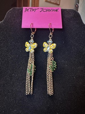 Betsey Johnson Yellow Butterfly Dangle Earrings with Leaves