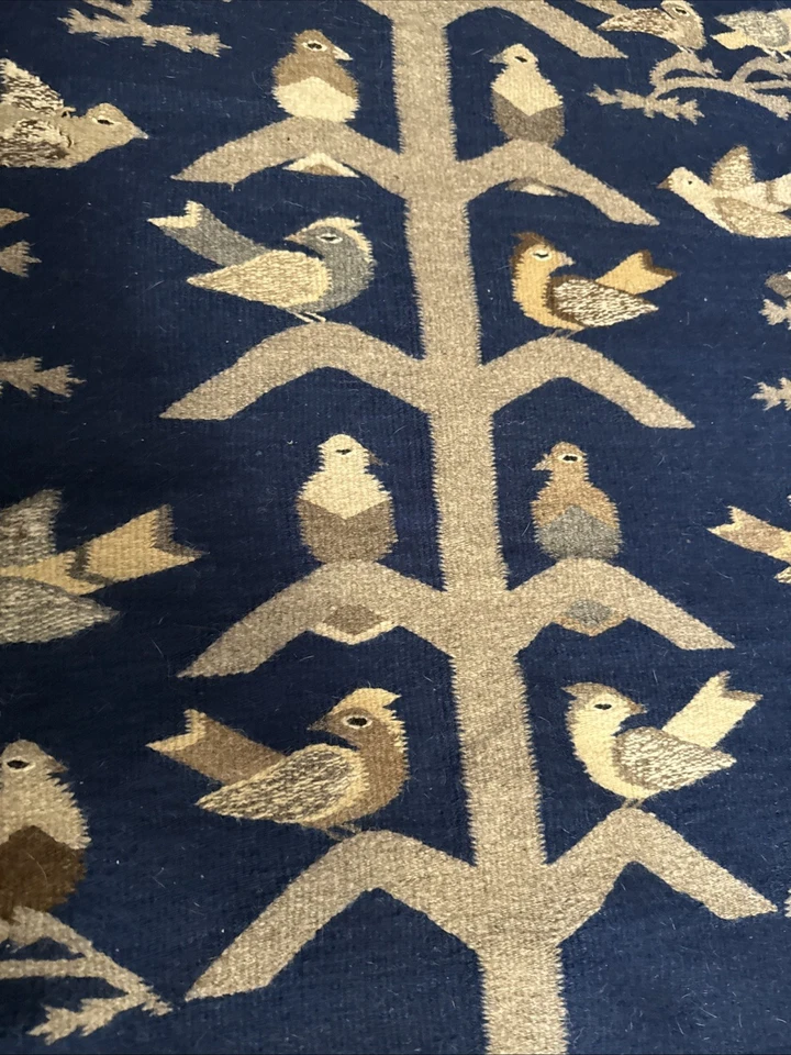 Vintage Hand Woven  Pictorial Wall Hanging Wool Tapestry Kilim Rug Tree Birds - Image 4 of 4