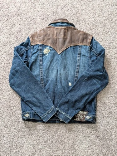 True Religion Jimmy Western Denim Jacket Men Large Genuine Leather Collar & Yoke image 2