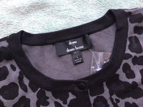 Dennis Basso Gray Black Leopard Print Crew Neck Button Cardigan Size Large L - Picture 2 of 8