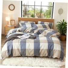 100 Washed Cotton Duvet Cover Set Super Soft Twin 68" x 90" Blue Grey
