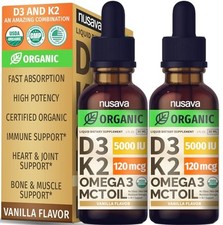 2 Pack Organic Vitamin D3 K2 Drops with MCT Oil Omega 1 Fl Oz Pack of 2