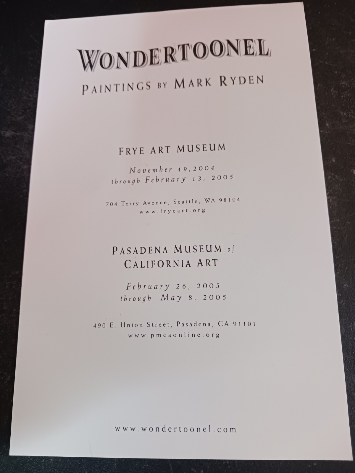 2005 Mark RYDEN Wondertoonel art gallery museum exhibition invitation card