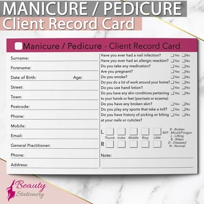 BEAUTY STATIONERY Nail Pedicure Manicure NEW Client Record Card Treatment Consultation Salons A6