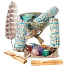 Smudge Kit, Sage Bundles, Palo Santo Sticks, Abalone Shell set, 8 Healing Stones