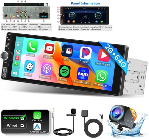 Single 1 Din Android 13 Carplay Car Stereo Radio GPS WIFI BT Touch Screen 6.86"