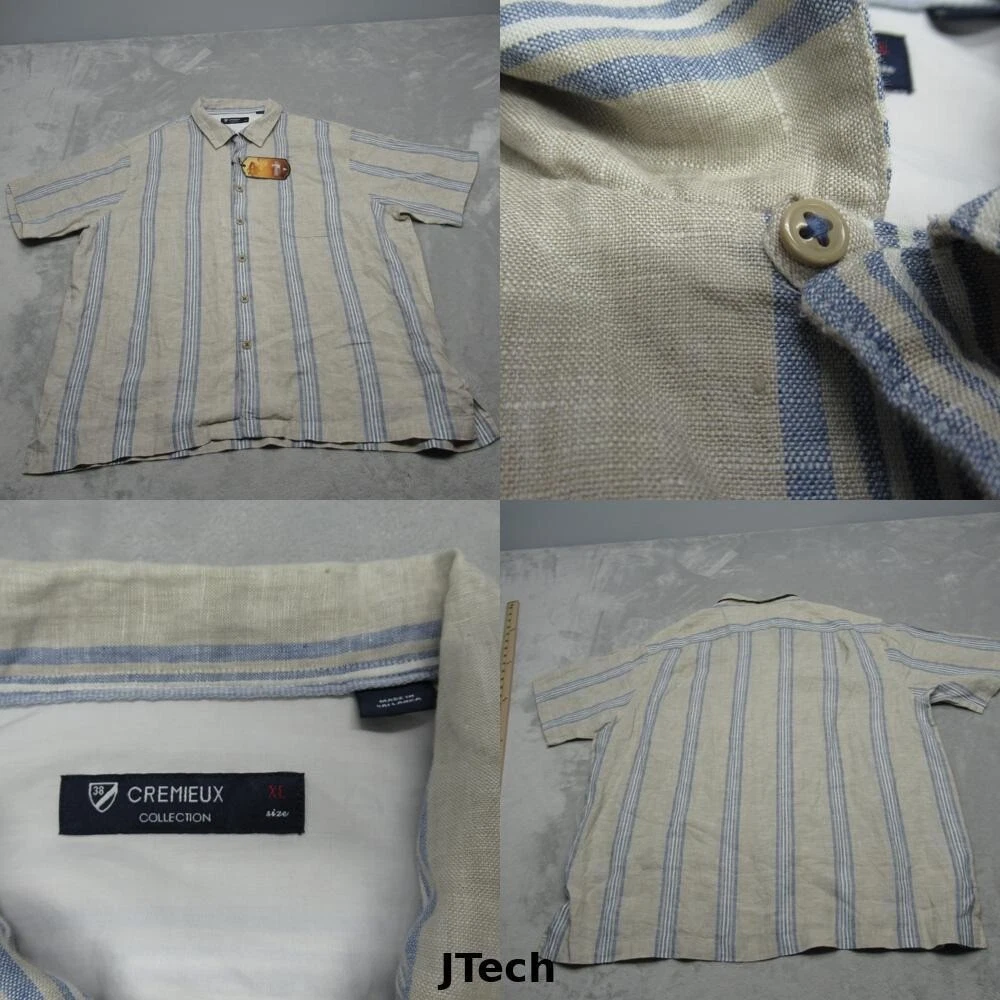 Cremieux Serengeti Linen Shirt Men XL Cream Blue Stripe Loop Collar ButtonUp NEW