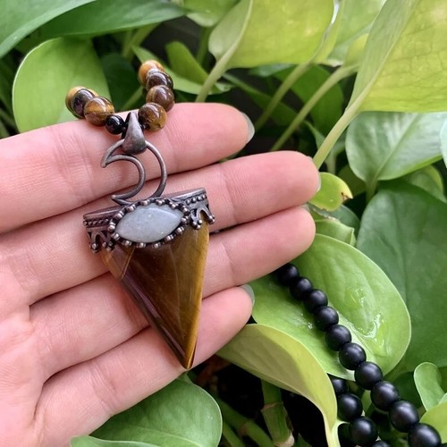 Tiger's Eye Point Pendant Onyx Beaded Amulet Healing Strength Women Men Necklace - Picture 3 of 3