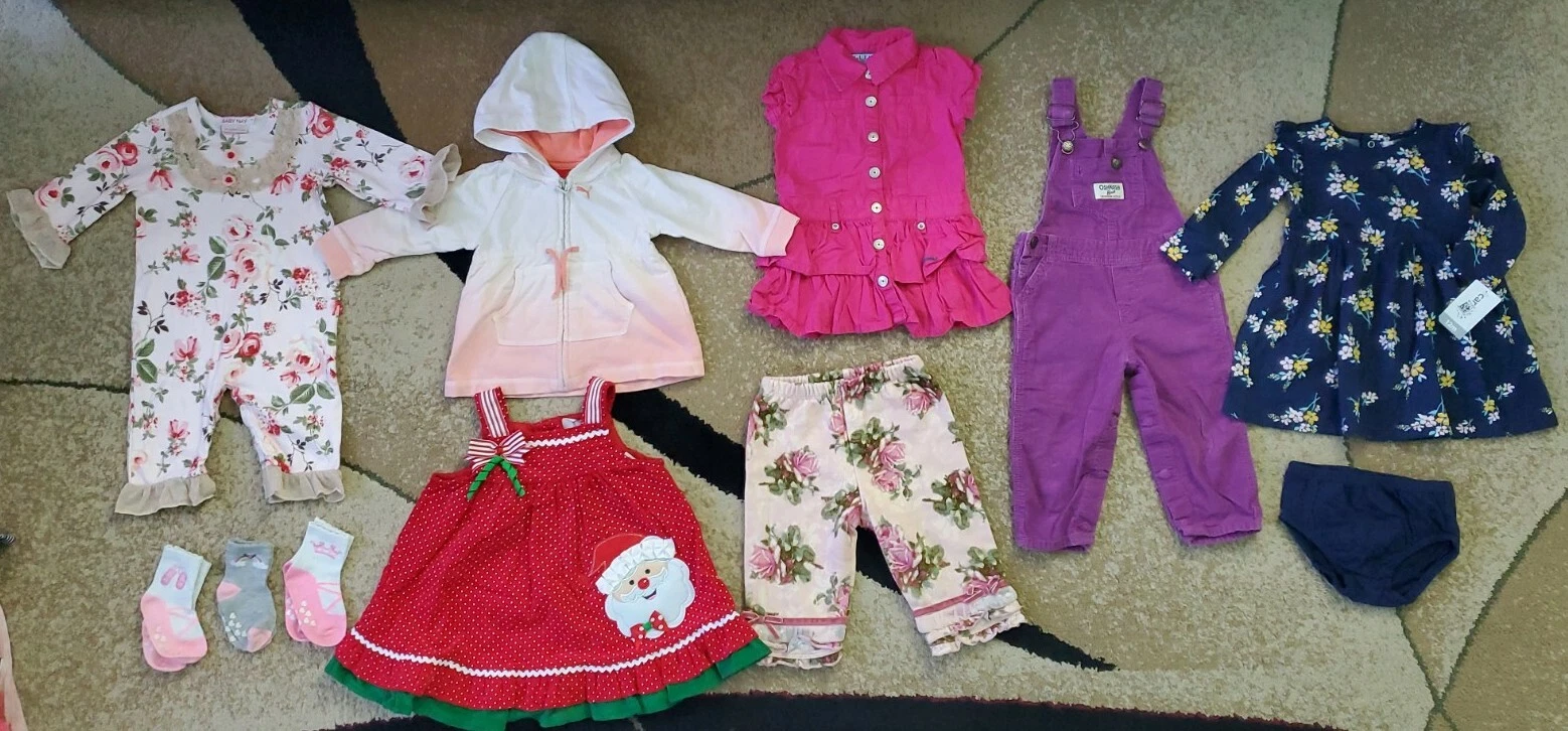 Lot of 11 Baby Girl Clothes Overalls,Dress,Hoodie,Pants Puma/Guess Sz 12-18 mnth