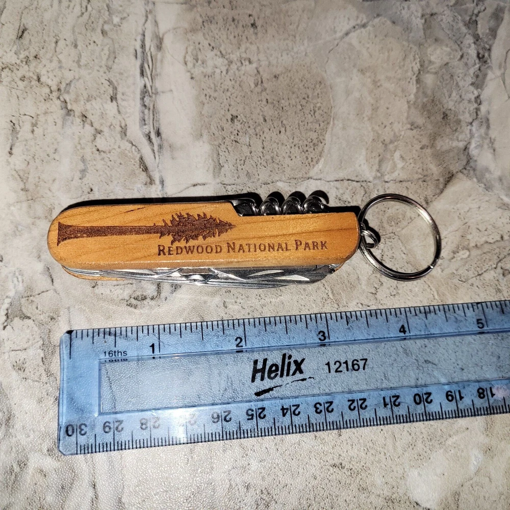 Multi Tool 3 1/2" Pocket Knife Engraved Redwood National Park Wood Handle